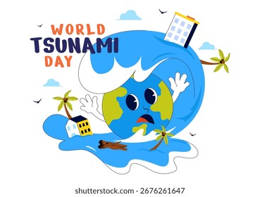 World Tsunami Awareness Day Vector Illustration on November 5, featuring Waves Crashing into Houses, Trees, and Buildings in a Flat Style Background