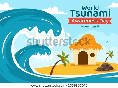World Tsunami Awareness Day Vector Illustration on 5 November with Waves Hitting Houses and Building Landscape  in Flat Cartoon Background Templates
