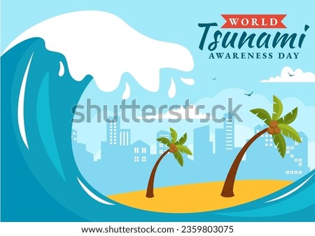 World Tsunami Awareness Day Vector Illustration on 5 November with Waves Hitting Houses and Building Landscape  in Flat Cartoon Background Templates
