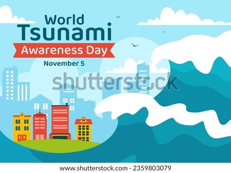 World Tsunami Awareness Day Vector Illustration on 5 November with Waves Hitting Houses and Building Landscape  in Flat Cartoon Background Templates
