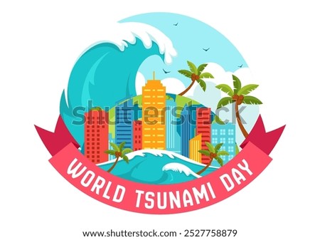 World Tsunami Awareness Day Vector Illustration on November 5, featuring Waves Crashing into Houses, Trees, and Buildings in a Flat Style Background