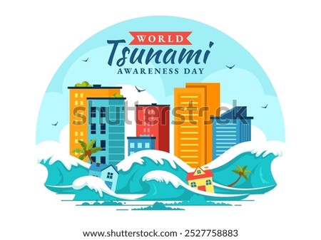World Tsunami Awareness Day Vector Illustration on November 5, featuring Waves Crashing into Houses, Trees, and Buildings in a Flat Style Background