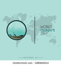 World Tsunami Day Icon Vector Design, Visible From The Sea Floor And Sea Life With World Map