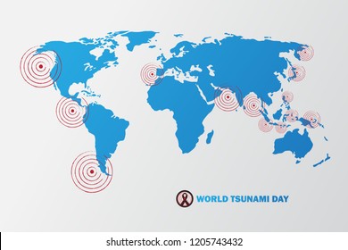 World Tsunami Day With Map And Earthquake Symbol On Slab Of Earth