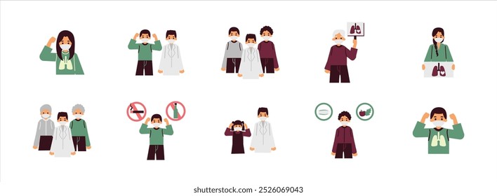 World Tuberculosis Activity flat illustration set. Include of bronchitis, doctor, respiratory, and medical. Vector illustration isolated.