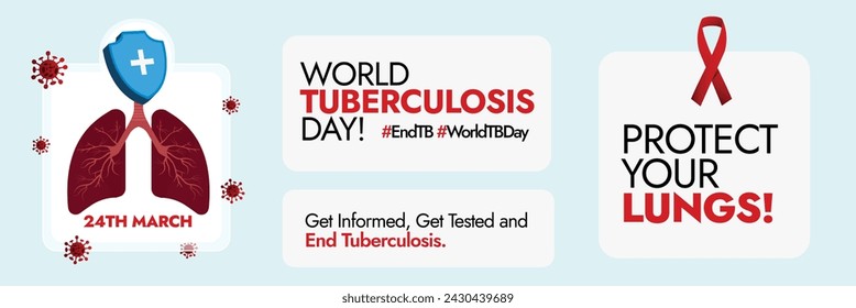 World Tuberculosis day. 24 march World TB day celebration cover banner with different labels, stickers about Tb awareness. Protect your lungs, get informed, get tested and end Tb. Red ribbon.