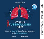 World Tuberculosis Day. 24th march World Tuberculosis Day awareness banner with silhouette world map, inside view of lungs, red ribbon, protection shield. Banner with hash tags End TB, World TB day. 