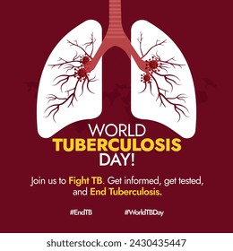 World Tuberculosis day. 24th march World TB day celebration banner with inside view of lungs with veins and bacteria cells. TB day simple and decent awareness banner in dark maroon background.