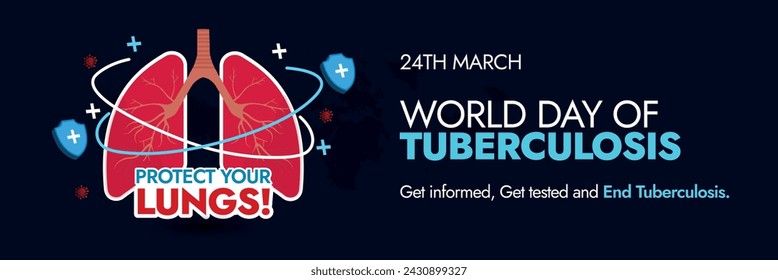 World Tuberculosis Day. 24th march World TB Day celebration cover banner in dark background with inside view of lungs protected by shield. Protect your lungs. Tuberculosis day awareness banner concept