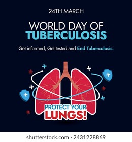 World Tuberculosis Day. 24th march World TB Day celebration banner in dark background with inside view of lungs protected by shields. Protect your lungs. Tuberculosis day awareness banner concept.
