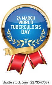 world tuberculosis day batch design vector. World Tuberculosis Day March 24.  red and golden ribbon on golden batch white background. TB awareness sign. illustration. eps 10. March important day.