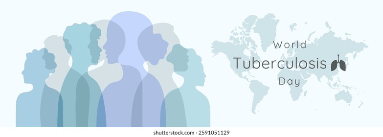 World Tuberculosis Day flat style banner template. Blue silhouette of diversity people. Different nationalities, genders and ages women men profile. March 24 Holiday background with text inscription.