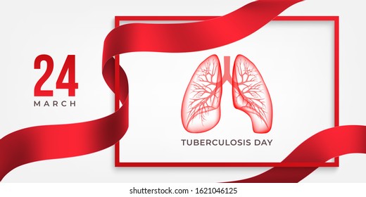 World Tuberculosis Day horizontal poster with lungs,  red ribbon and frame on light background. TB awareness sign. Medical solidarity day concept. Vector illustration.