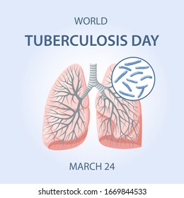 World Tuberculosis Day. Images of human lungs and Koch tubercle bacillus in a magnifier over blue background. Vector illustration in flat style 