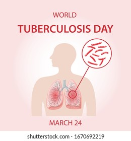 World Tuberculosis Day. Images of human body with sick lungs and Koch tubercle bacillus in a magnifier. Vector illustration in flat style over red background