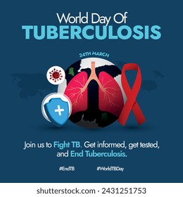 World Tuberculosis day. March 24th, World Tb day awareness, celebration banner in dark blue colour with earth globe, red ribbon, pair of lungs, protection shield. Awareness of Tuberculosis spread.