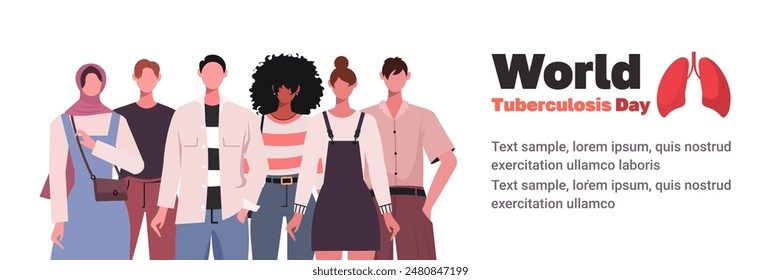 World tuberculosis day March 24th. Celebration of lung health day from tuberculosis. Group portrait of diverse women and men standing together. Medicine, healthcare, educational illustration.