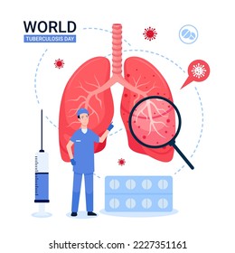  World Tuberculosis Day, medical illustration of tuberculosis treatment and prevention