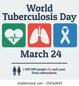 World Tuberculosis Day. Medicine Poster for the 24th March. Vector symbols of Tuberculosis: lungs, heart and ribbon. Icons for infographics about health, tolerance and care.