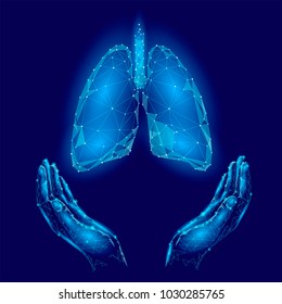 World Tuberculosis Day poster human lungs in hands blue background. TB awareness health care medicine center. Medical solidarity day concept low poly polygonal triangle line. Vector illustration.