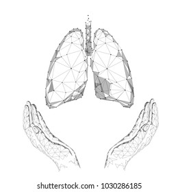 World Tuberculosis Day poster human lungs in hands white background. TB awareness health care medicine center. Medical solidarity day concept low poly polygonal triangle line. Vector illustration.