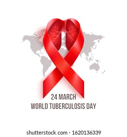 World Tuberculosis Day poster with lungs into photorealistic red ribbon on white background. TB awareness sign. Medical solidarity day concept. Vector illustration.