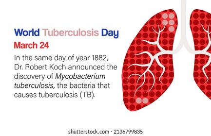 World Tuberculosis Day with short description of its history below and Lung illustration on white background. TB discovery and History Awareness sign for March 24. Vector illustration. EPS 10.