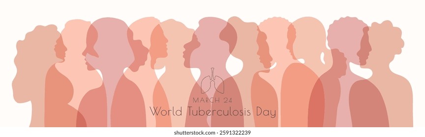 World Tuberculosis Day template March 24. Silhouette of diversity people. Different nationalities, genders and ages human profile. Holiday background with text inscription and lung,