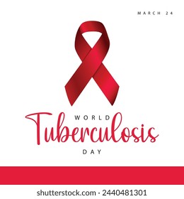 World tuberculosis day. Vector illustration of red ribbon awareness symbol. Suitable for templates, web, social media, greeting cards etc