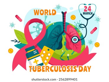 World Tuberculosis Day Vector Illustration on March 24, featuring Lungs and Bacteria for TB Awareness and Medical Campaigns in a Healthcare Background