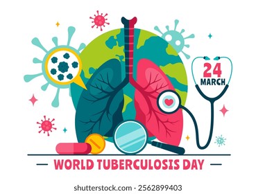 World Tuberculosis Day Vector Illustration on March 24, featuring Lungs and Bacteria for TB Awareness and Medical Campaigns in a Healthcare Background
