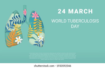 World tuberculosis day web template illustration. 3D papercut March 24 symbol with beautiful tropical nature decoration, Paper craft design for international event.