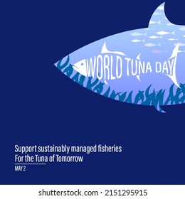 World Tuna Day concept. celebrated on May 2. School of tuna in sea inside tuna frame with seaweeds. Tuna of tomorrow. For social media, cards, poster, template. Vector illustration. EPS 10 File.