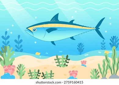 World Tuna day. Flat vector illustration of a tuna fish swimming underwater with sea plants, coral, and sand. Marine life scene with bubbles and light rays, ocean wildlife concept, aquatic ecosystem design.