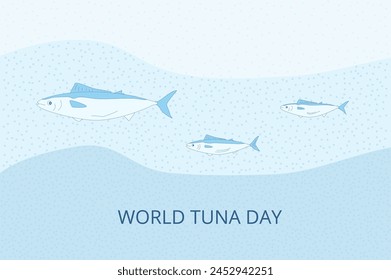 World tuna day greeting card. Holiday banner. Fish and underwater environment. Vector line art flat illustration