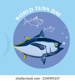 World Tuna Day Illustration. Vector isolated tuna fish stylized clipart banner, poster with lettering. Sea and ocean life marine
