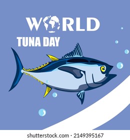 World Tuna Day Illustration. Vector isolated tuna fish stylized clipart banner, poster with lettering. Sea and ocean life marine