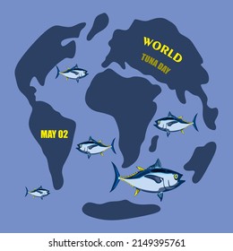 World Tuna Day Illustration. Vector isolated tuna fish stylized clipart banner, poster with lettering. Sea and ocean life marine