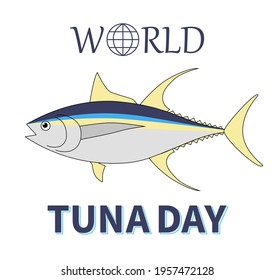 world tuna day text, vector illustration with sea and happy tuna. Tuna feast on May 2. Commercial fish, the concept of marine products.