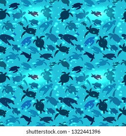 World Turtle Day 23 May background. Turtle swims in the ocean against the background of the sun. Seamless pattern.