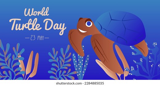 World Turtle Day 23 May background. Turtle swims in the ocean against the background of the sun. Vector illustration