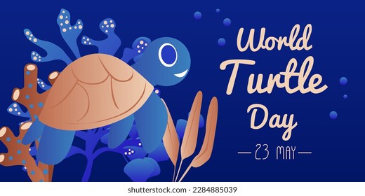 World Turtle Day 23 May background. Turtle swims in the ocean against the background of the sun. Vector illustration