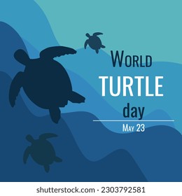 World Turtle Day 23 May background. Turtle swims in the ocean . Vector illustration in blue tones.