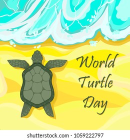 World Turtle Day 23rd of May. Ecological sunny vector card with a turtle creeps along the sand to the waves of the ocean. Use for web pages, postcards, printing of flyers, stickers and booklets.
