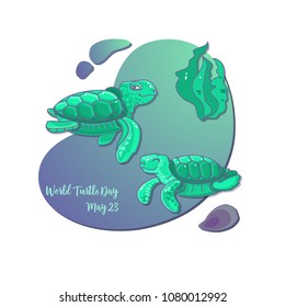 World Turtle Day card.  Cute cartoon sea Turtles on aquamarine background. Turtles in the underwater. Vector illustration.