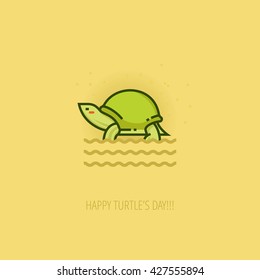 World Turtle Day Celebration flat design template for greeting cards, posters and banners. Linear color pond slider turtle on sand color background