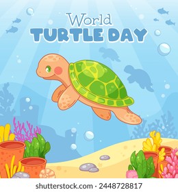 World Turtle Day Greeting Card. Cartoon turtle on the background of the bottom of the sea with coral reefs and sand. Vector illustration for May 23