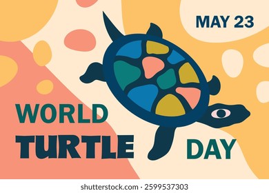 World turtle day holiday concept, poster or card. Turtle and text on an abstract background. Colorful vector illustration.