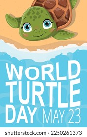 World turtle day. International holiday and festival. Greeting postcard design. Caring for environment and animals. Tropic and exotic, beach. Poster or banner. Cartoon flat vector illustration