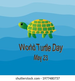 World Turtle Day. May 23. Illustration flat design green and yellow turtle cartoon on blue wave water background. Vector EPS10.